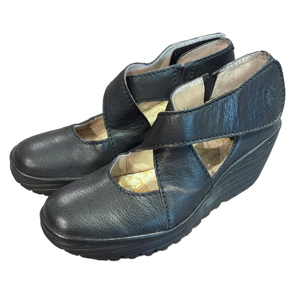 Fly London Black Leather Yogo Platform Criss Cross Wedges Women's Size 8-8.5 - Picture 2 of 12